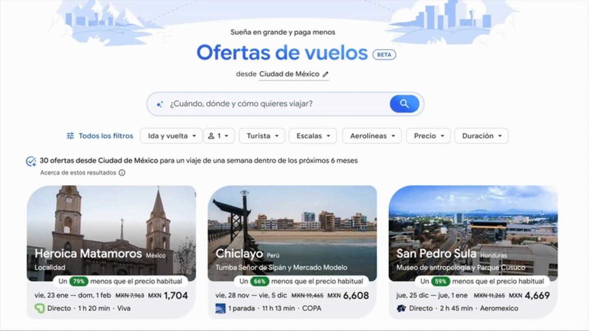 Google anunció Ofertas de vuelos en Latinoamérica, una nueva experiencia dentro de Google Vuelos que usa IA para hacer la búsqueda de vuelos más simple, rápida y personalizada.